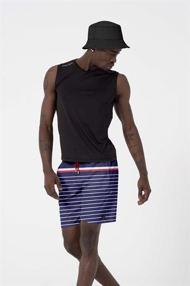 Lacivert Çizgi Desenli Uzun Boy Erkek Deniz ve Havuz Şortu 