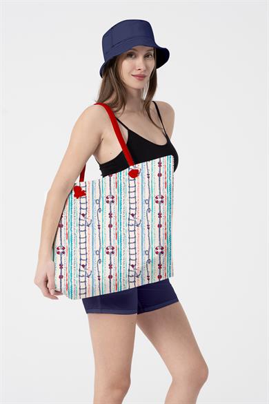 Marin Çapa Desenli Kalın Malzemeli,Geniş Hacimli Kadın Plaj Çantası