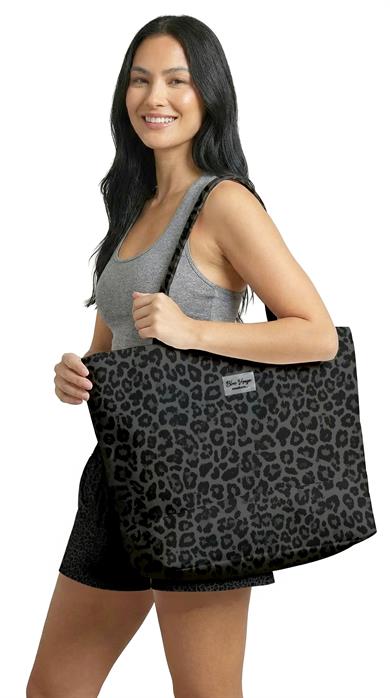 Leopar Desenli Siyah Parçalı Kendinden Saplı Astarlı Kadın Plaj Çantası 