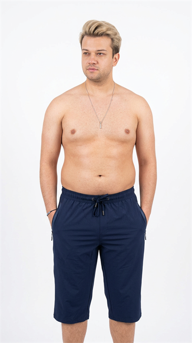 Lacivert Büyük Beden Esnek Kumaş Uzun Boy Erkek Kapri Şort