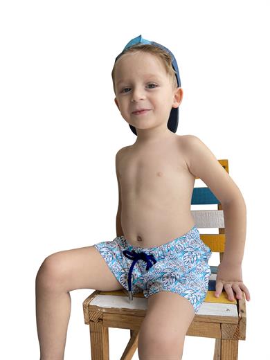 Mavi Yaprak Desenli Standart Boy Erkek Çocuk Mayo Deniz Şortu