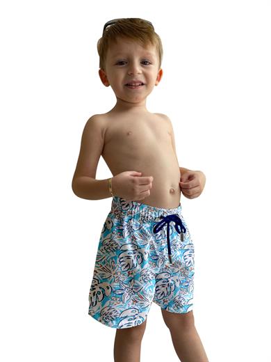 Mavi Yaprak Desenli Standart Boy Erkek Çocuk Mayo Deniz Şortu