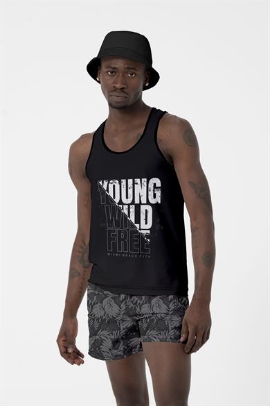 Siyah Yaprak Desenli Standart Boy Erkek Deniz ve Havuz Şortu 