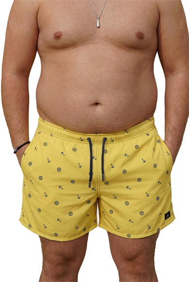 Marin Sarı Desenli Büyük Beden Standart Boy Erkek Mayo Deniz Şortu