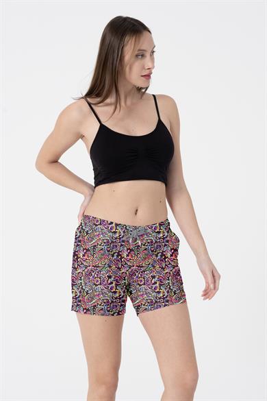 Paisley Desenli Renkli İki Cepli Kısa Kadın Deniz ve Havuz Şortu