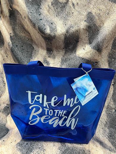 Kadın Take me To The Beach Baskılı Şeffaf Mavi PVC Plaj, Tatil , Kozmetik Çanta 42x37CM