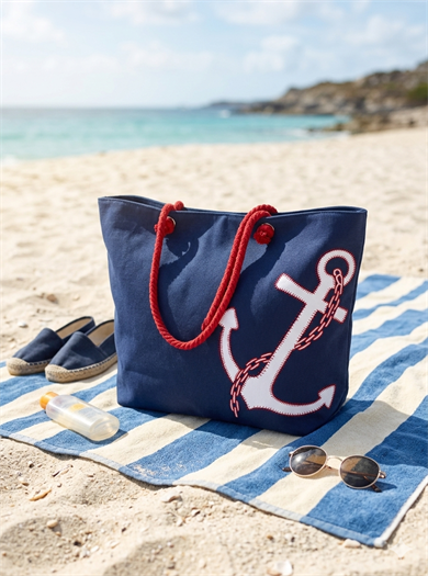 Çapa Desenli Lacivert Geniş Hacimli Astarlı Kadın Plaj Çantası