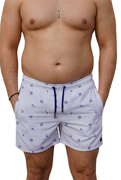 Marin Beyaz Desenli Büyük Beden Standart Boy Erkek Mayo Deniz Şortu