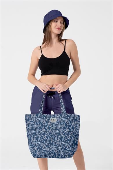 Marin Çapa Desenli , Astarlı Kendinden Saplı, Geniş Hacimli Plaj Çantası