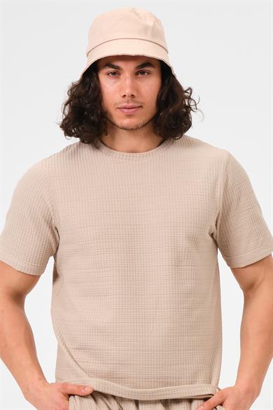 Erkek Bej %100 Pamuk Oversize Bisiklet Yaka Basic Tişört 