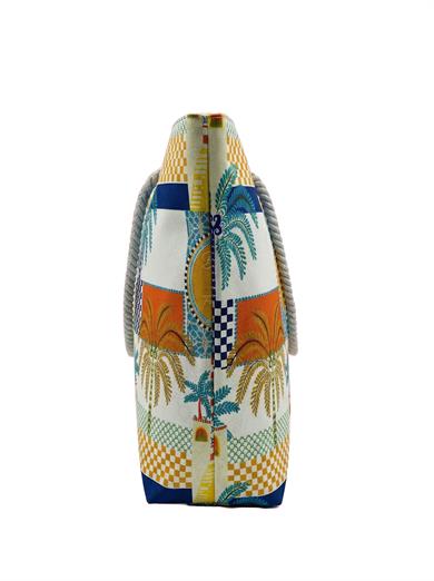 Tropikal Patchwork Desenli Geniş Hacimli Astarlı Kadın Plaj Çantası