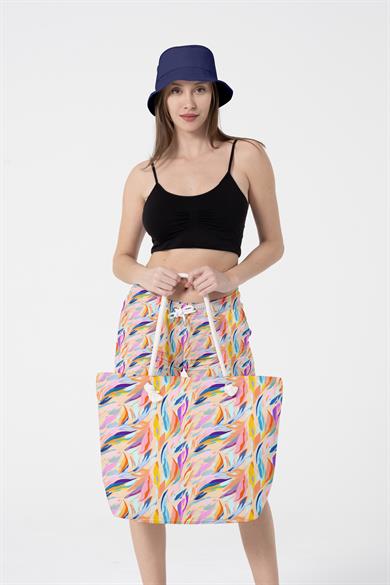 Renkli Desenli Kalın Malzemeli,Geniş Hacimli Kadın Plaj Çantası