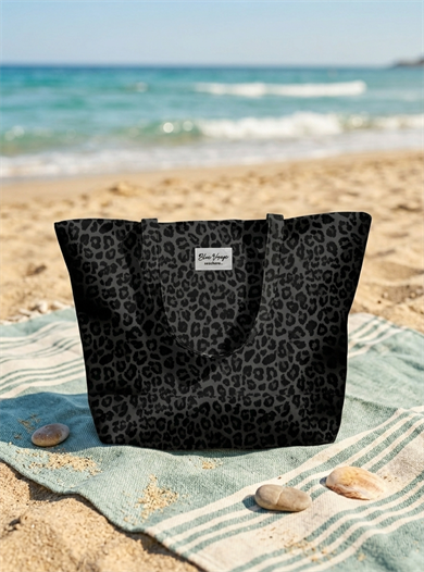 Leopar Desenli Siyah Parçalı Kendinden Saplı Astarlı Kadın Plaj Çantası 