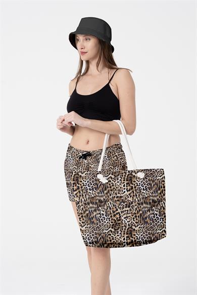 Leopar Desenli Kalın Malzemeli,Geniş Hacimli Kadın Plaj Çantası