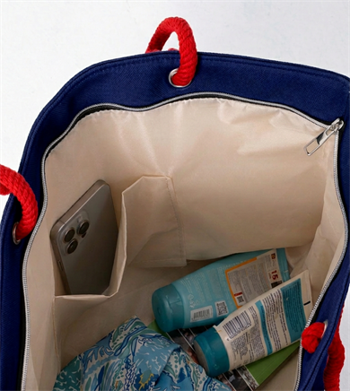 Çapa Desenli Lacivert Geniş Hacimli Astarlı Kadın Plaj Çantası