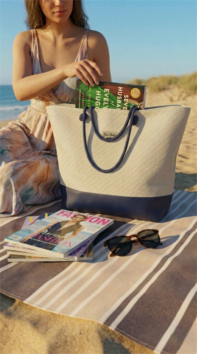 Keten Dokulu Lacivert Deri Parçalı Krem Rengi Astarlı Geniş Hacimli Kadın Plaj Çantası