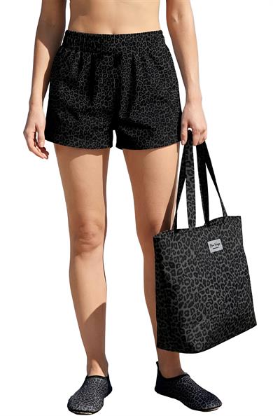 Leopar Desenli Siyah Parçalı Kendinden Saplı Astarlı Kadın Plaj Çantası 