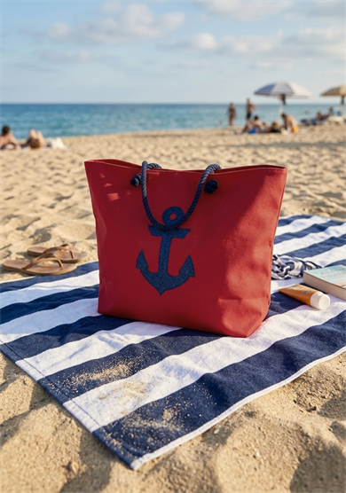 Marin Çapa Nakışlı Kırmızı Astralı Geniş Hacimli Kadın Plaj Çantası 