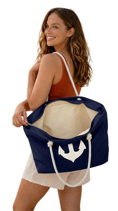 Marin Çapa Nakışlı Lacivert Astralı Geniş Hacimli Kadın Plaj Çantası 