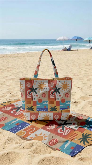 Patchwork Desenli Parçalı Kendinden Saplı Astarlı Kadın Plaj Çantası 