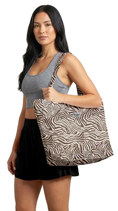 Zebra Desenli Kahverengi Krem Parçalı Kendinden Saplı Astarlı Kadın Plaj Çantası 