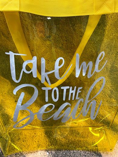 Kadın Take me To The Beach Baskılı Şeffaf Sarı PVC Plaj, Tatil , Kozmetik Çanta 42x37CM