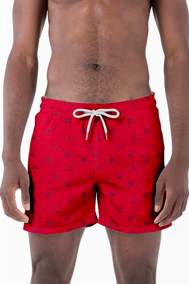 Marin Çapa Desenli Kırmızı Standart Boy Erkek Mayo Deniz ve Havuz Şortu