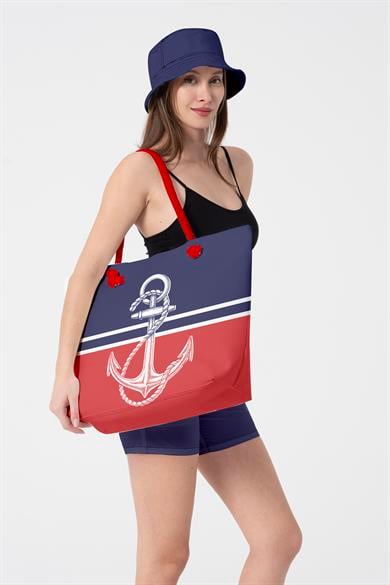 Marin Çapa Desenli Kalın Malzemeli,Geniş Hacimli Kadın Plaj Çantası