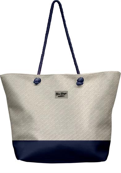 Keten Dokulu Lacivert Deri Parçalı Krem Rengi Astarlı Geniş Hacimli Kadın Plaj Çantası