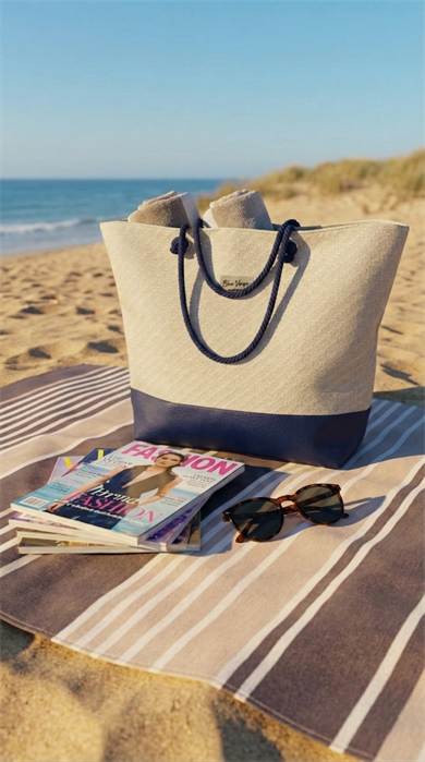 Keten Dokulu Lacivert Deri Parçalı Krem Rengi Astarlı Geniş Hacimli Kadın Plaj Çantası