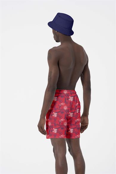 Hawaii Beach Kırmızı Marin Baskılı Esnek kumaş Standart Boy Erkek Deniz Şortu