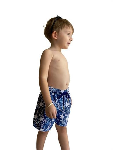 Lacivert Deniz Yıldızı Desenli Standart Boy Erkek Çocuk Mayo Deniz Şortu 