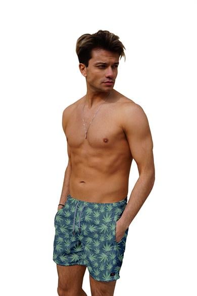 Yaprak Desenli Standart Boy Erkek Mayo Deniz ve Havuz Şortu 