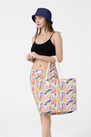 Renkli Desenli Kalın Malzemeli,Geniş Hacimli Kadın Plaj Çantası