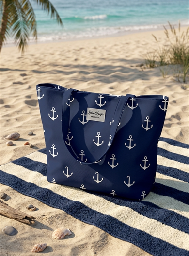 Marin Çapa Desenli Parçalı Kendinden Saplı Astarlı Kadın Plaj Çantası 