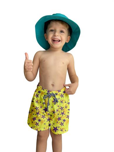 Deniz Yıldızı Desenli Sarı Standart Boy Erkek Çocuk Mayo Deniz Şortu 