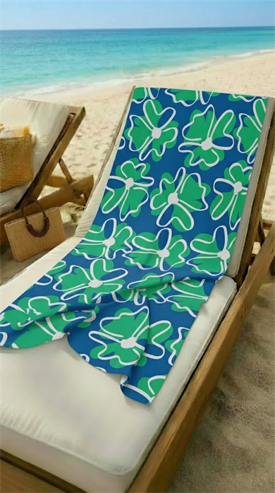 Yeşil Çiçek Desenli Saks Mavi Yüksek Su Emici 70x150cm Plaj Havlusu