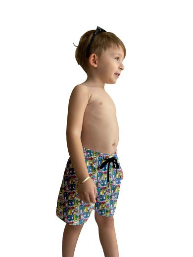 Renkli Desenli Standart Boy Erkek Çocuk Mayo Deniz Şortu 
