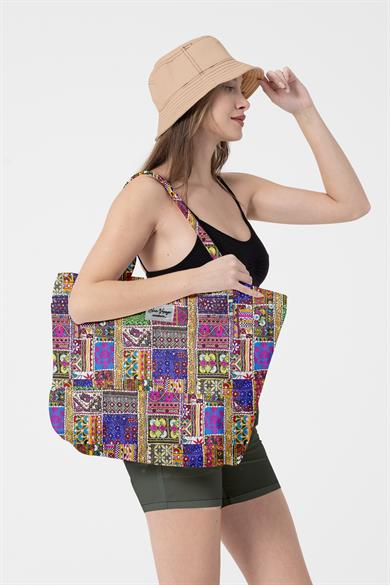 Etnik Desenli , Astarlı Kendinden Saplı, Geniş Hacimli Plaj Çantası