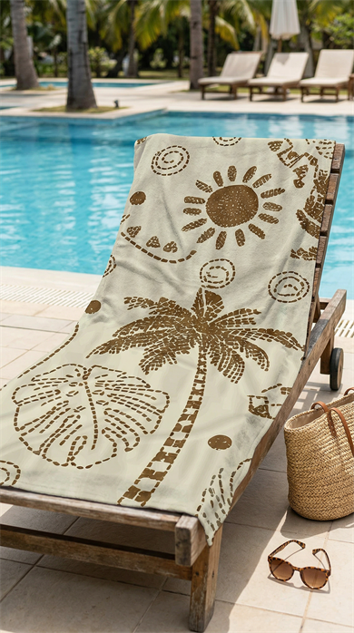 Palmiye Desenli Krem Rengi Yüksek Su Emici 70x150cm Plaj Havlusu