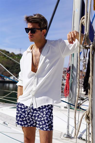 Yengeç Desenli Lacivert Standart Boy Erkek Mayo Deniz Şortu 