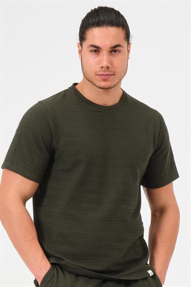 Erkek Haki %100 Pamuk Oversize Bisiklet Yaka Basic Tişört 