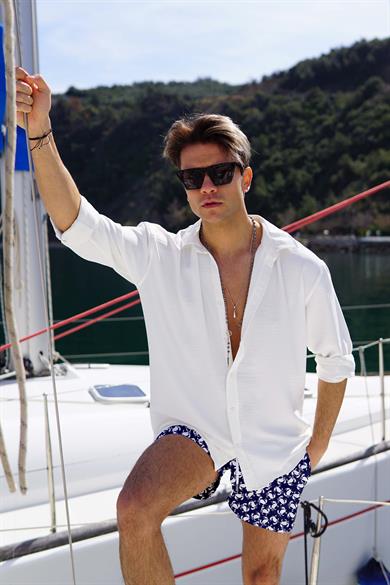 Yengeç Desenli Lacivert Standart Boy Erkek Mayo Deniz Şortu 