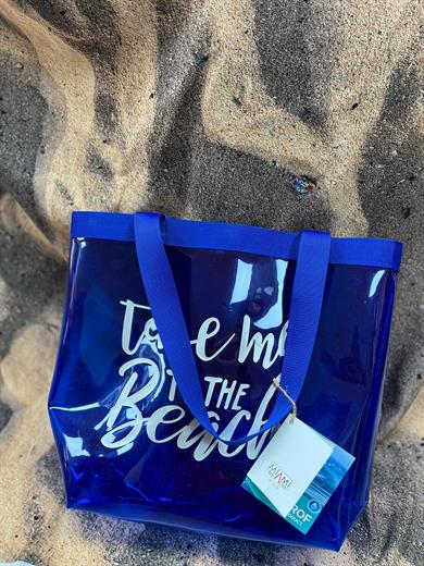 Kadın Take me To The Beach Baskılı Şeffaf Mavi PVC Plaj, Tatil , Kozmetik Çanta 42x37CM