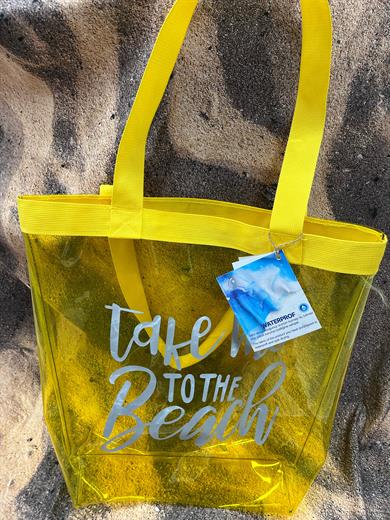 Kadın Take me To The Beach Baskılı Şeffaf Sarı PVC Plaj, Tatil , Kozmetik Çanta 42x37CM