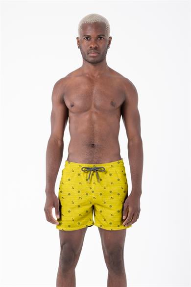 Marin Çapa Desenli Sarı Standart Boy Erkek Mayo Deniz ve Havuz Şortu