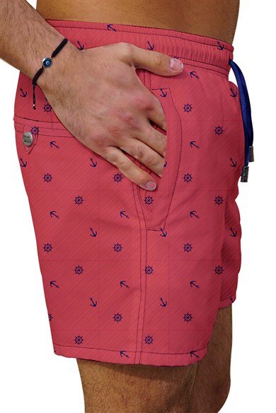 Marin Kırmızı Desenli Büyük Beden Standart Boy Erkek Mayo Deniz Şortu