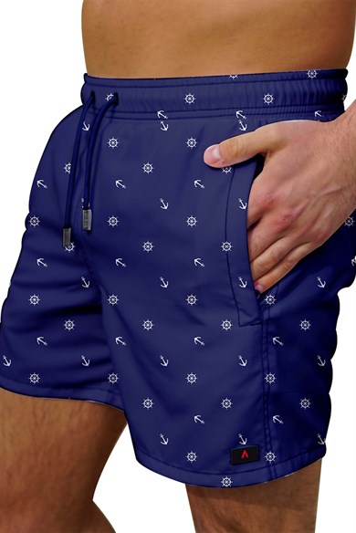 Marin Lacivert Desenli Büyük Beden Standart Boy Erkek Mayo Deniz Şortu