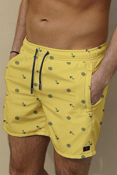 Marin Sarı Desenli Büyük Beden Standart Boy Erkek Mayo Deniz Şortu