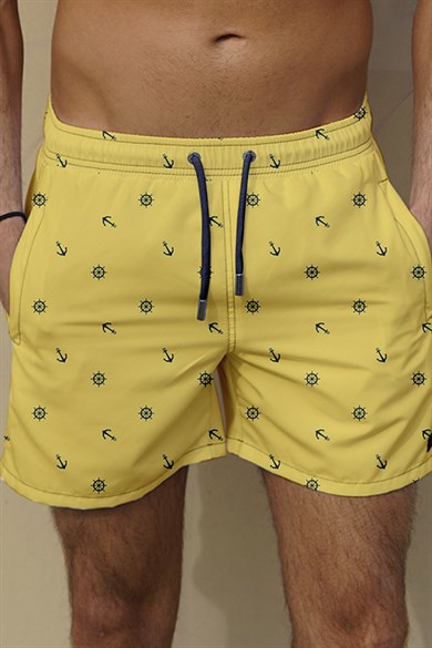 Marin Sarı Desenli Büyük Beden Standart Boy Erkek Mayo Deniz Şortu